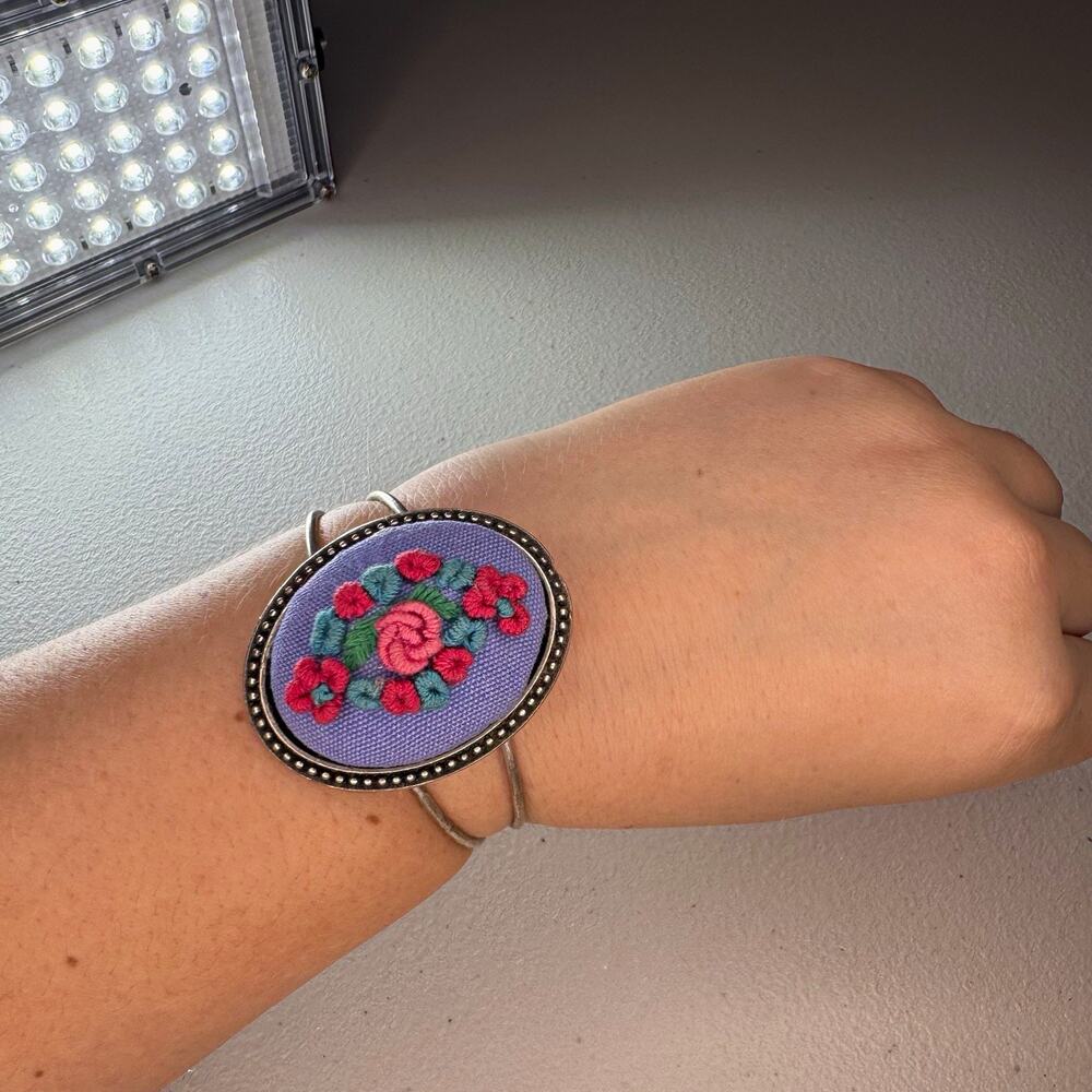 embroidered floral cuff bracelet purple pink flowers textile statement boho